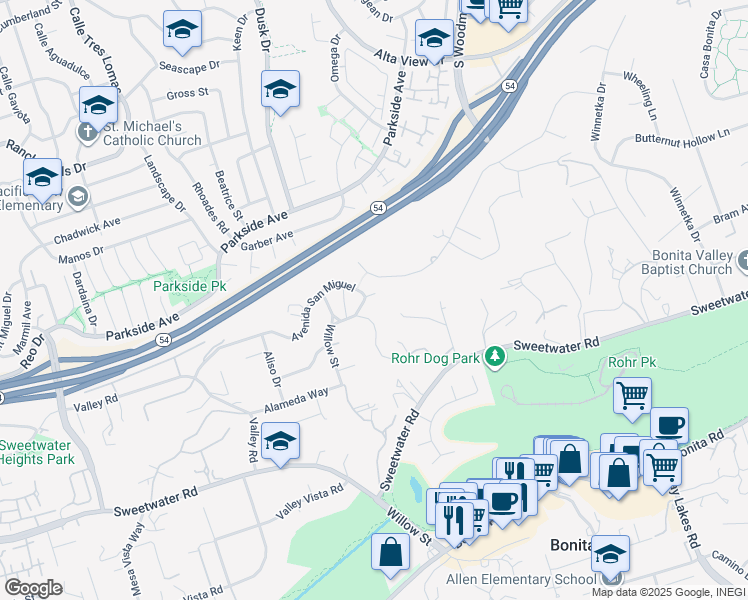 map of restaurants, bars, coffee shops, grocery stores, and more near 4028 Bardaguera Place in Bonita