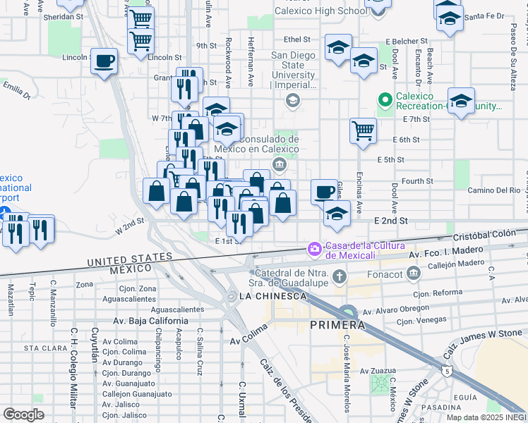 map of restaurants, bars, coffee shops, grocery stores, and more near 355 East 2nd Street in Calexico