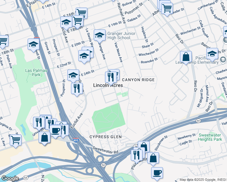 map of restaurants, bars, coffee shops, grocery stores, and more near 2775 Chaffee Street in National City
