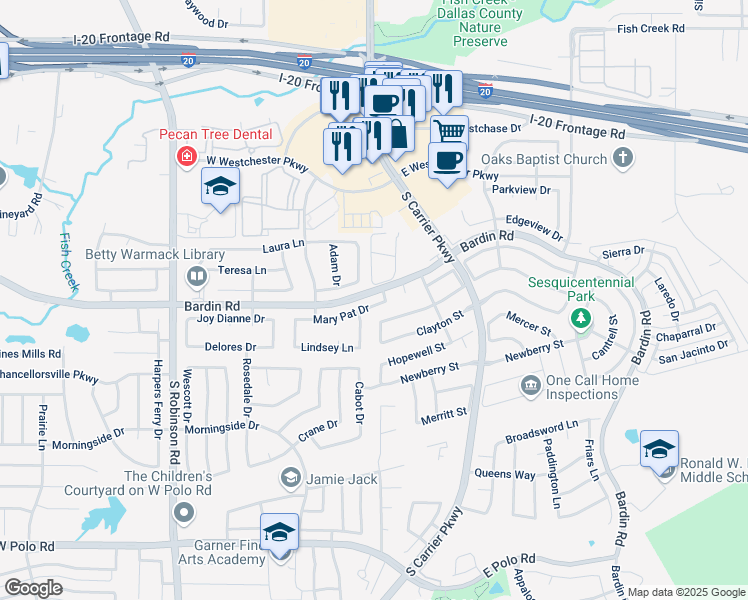 map of restaurants, bars, coffee shops, grocery stores, and more near 108 Mary Pat Drive in Grand Prairie