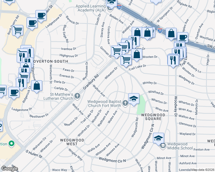 map of restaurants, bars, coffee shops, grocery stores, and more near 5528 Trail Lake Drive in Fort Worth