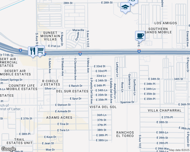 map of restaurants, bars, coffee shops, grocery stores, and more near 9569 East 33rd Place in Yuma