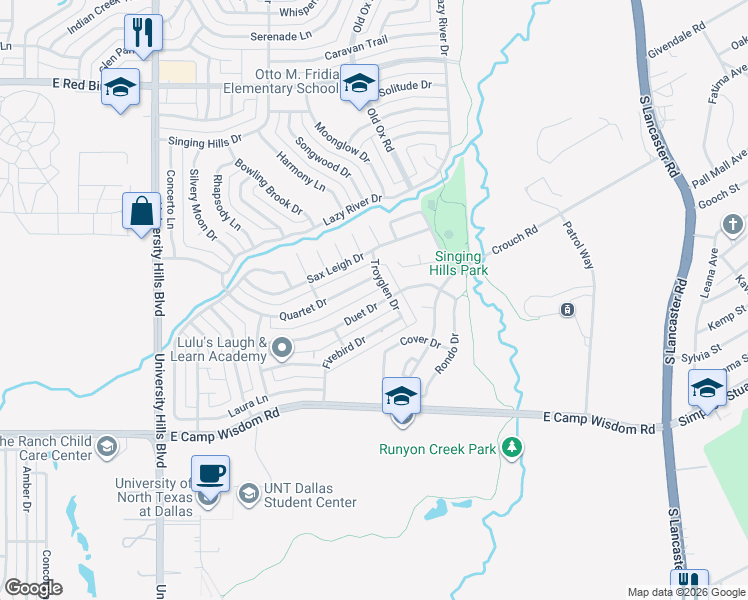 map of restaurants, bars, coffee shops, grocery stores, and more near 1547 Duet Drive in Dallas