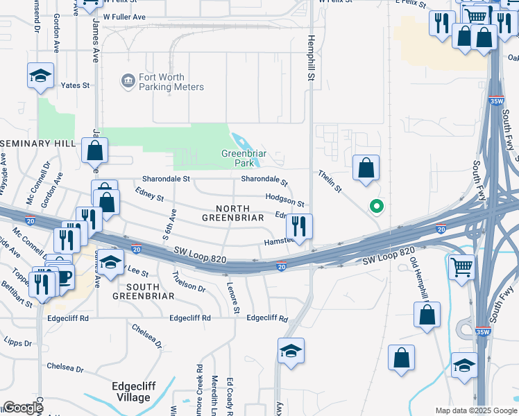 map of restaurants, bars, coffee shops, grocery stores, and more near 1004 Edney Street in Fort Worth