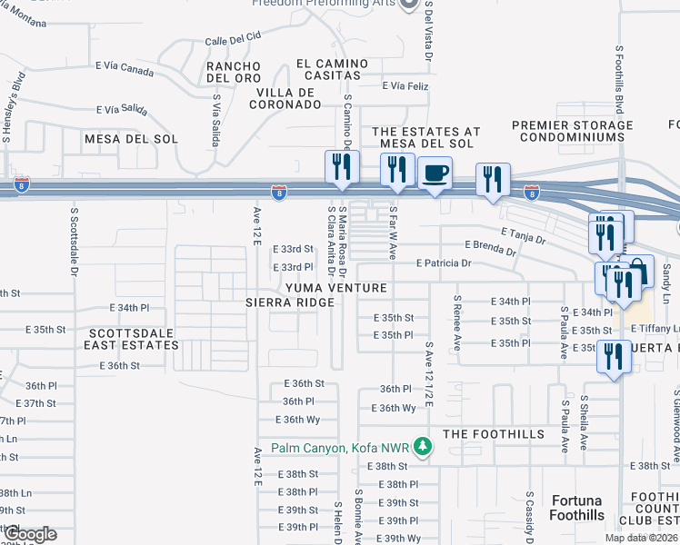 map of restaurants, bars, coffee shops, grocery stores, and more near 11288 South Maria Rosa Drive in Yuma