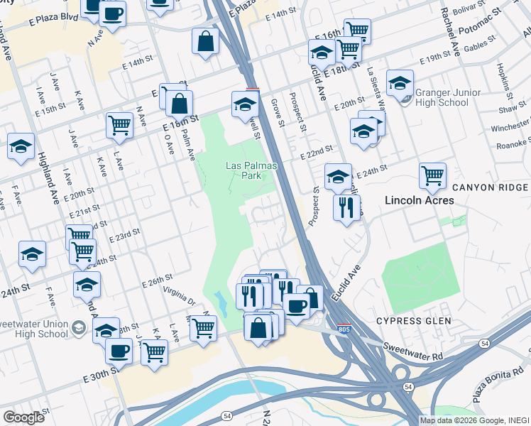 map of restaurants, bars, coffee shops, grocery stores, and more near 1905 Via Las Palmas in National City