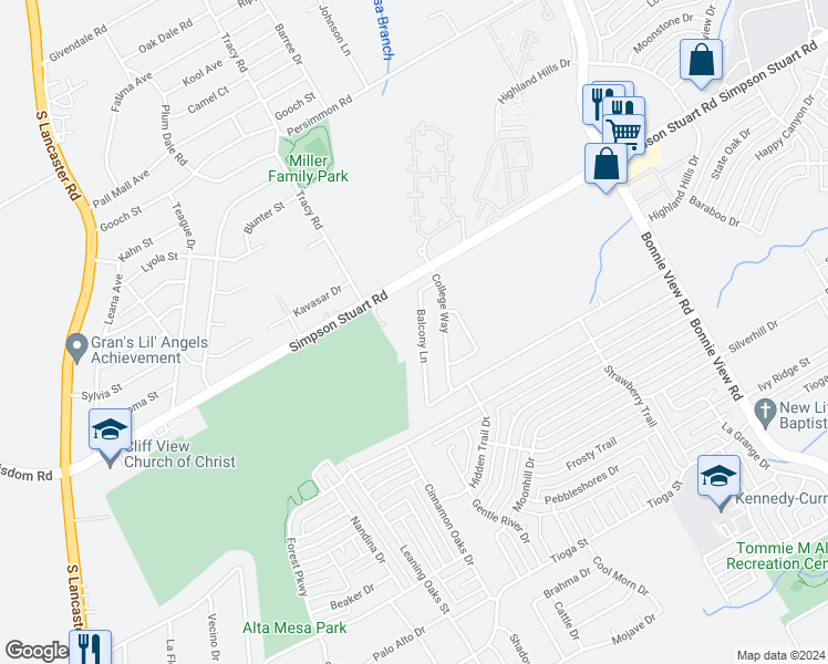 map of restaurants, bars, coffee shops, grocery stores, and more near 6167 Balcony Lane in Dallas