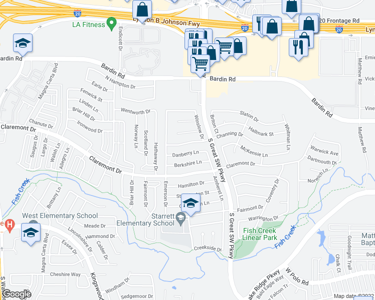 map of restaurants, bars, coffee shops, grocery stores, and more near 2634 Danberry Lane in Grand Prairie