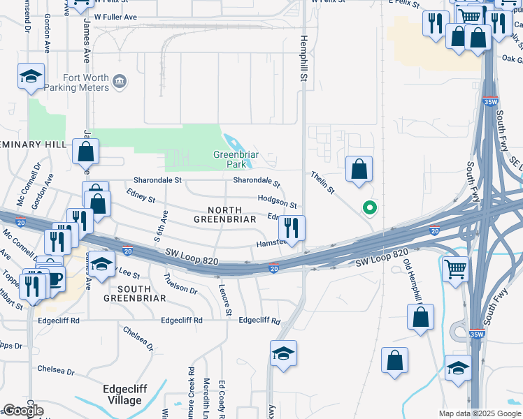 map of restaurants, bars, coffee shops, grocery stores, and more near 1004 Edney Street in Fort Worth