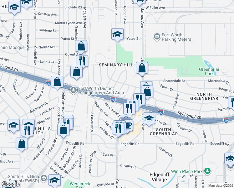 map of restaurants, bars, coffee shops, grocery stores, and more near 5332 Gordon Avenue in Fort Worth