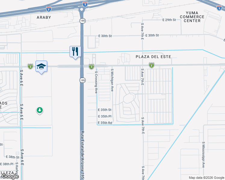 map of restaurants, bars, coffee shops, grocery stores, and more near South Michigan Avenue in Yuma