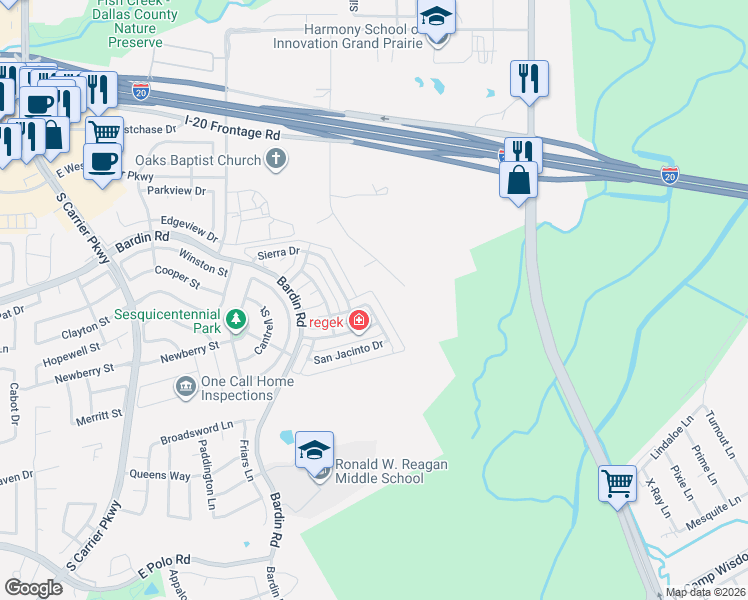 map of restaurants, bars, coffee shops, grocery stores, and more near 4508 Fargo Drive in Grand Prairie
