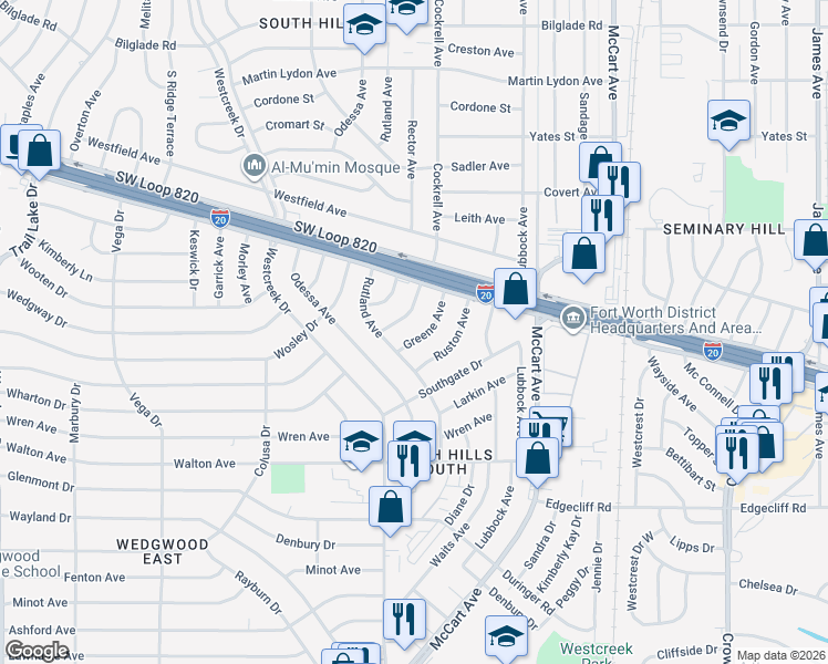 map of restaurants, bars, coffee shops, grocery stores, and more near 5236 Greene Avenue in Fort Worth