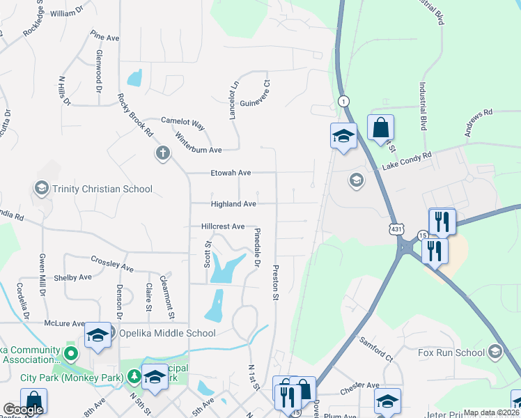 map of restaurants, bars, coffee shops, grocery stores, and more near 305 Highland Avenue in Opelika