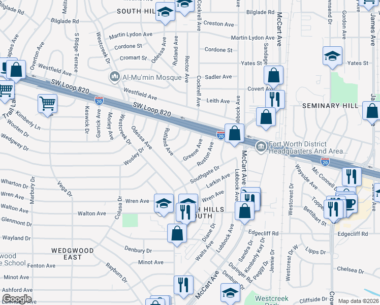 map of restaurants, bars, coffee shops, grocery stores, and more near 5236 Greene Avenue in Fort Worth
