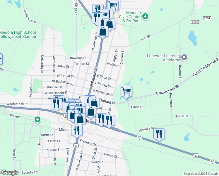 map of restaurants, bars, coffee shops, grocery stores, and more near 518 Wigley Street in Mineola
