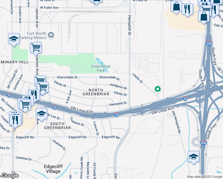 map of restaurants, bars, coffee shops, grocery stores, and more near 1004 Edney Street in Fort Worth