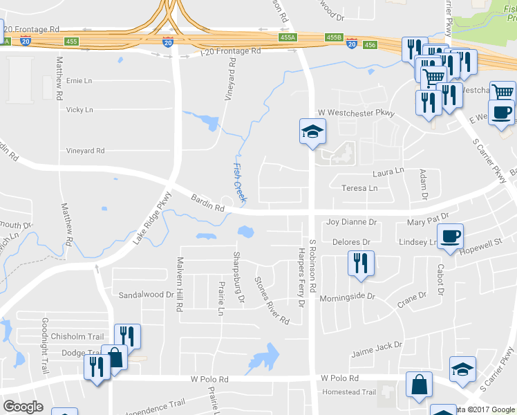 map of restaurants, bars, coffee shops, grocery stores, and more near 863 Ridgecrest Road in Grand Prairie