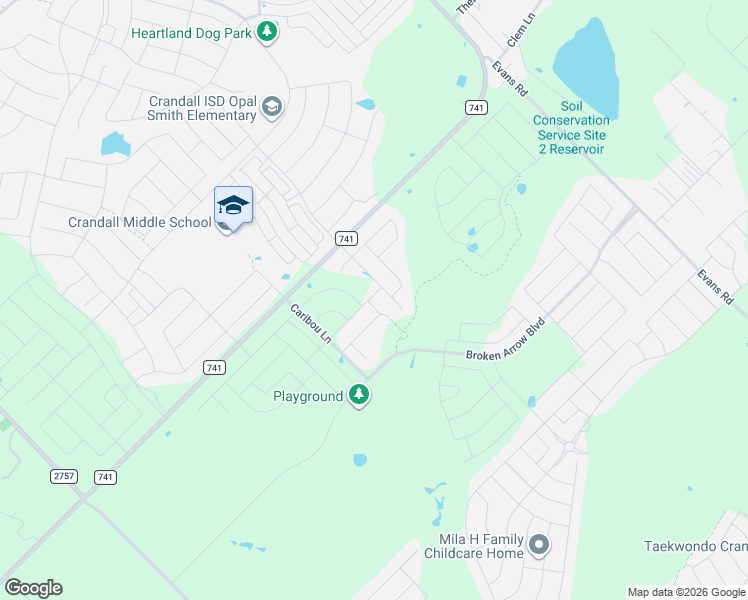 map of restaurants, bars, coffee shops, grocery stores, and more near Harwell Drive in Crandall