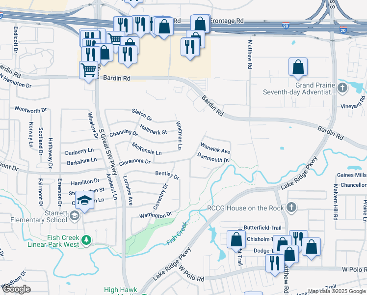 map of restaurants, bars, coffee shops, grocery stores, and more near 4213 Whitman Lane in Grand Prairie