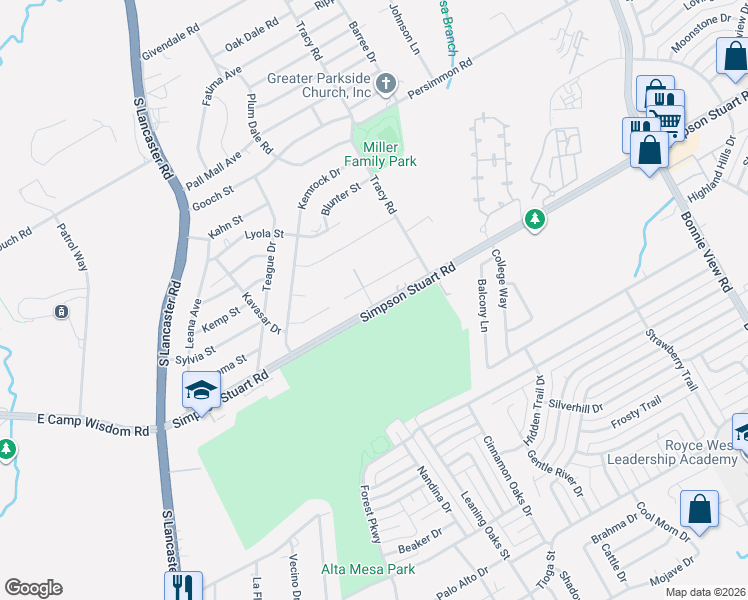 map of restaurants, bars, coffee shops, grocery stores, and more near 2837 Simpson Stuart Road in Dallas