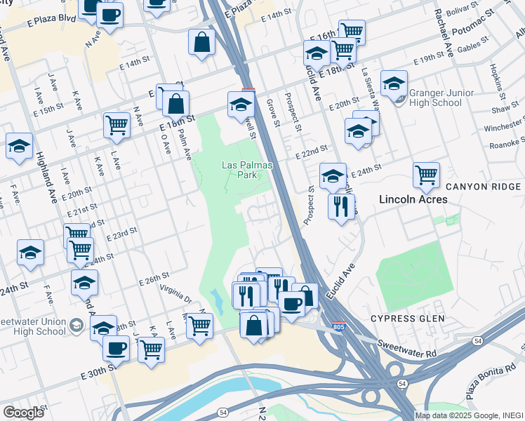 map of restaurants, bars, coffee shops, grocery stores, and more near 1915 Via Las Palmas in National City