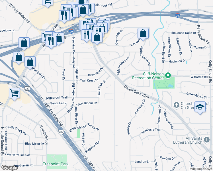 map of restaurants, bars, coffee shops, grocery stores, and more near 4922 Stage Line Drive in Arlington