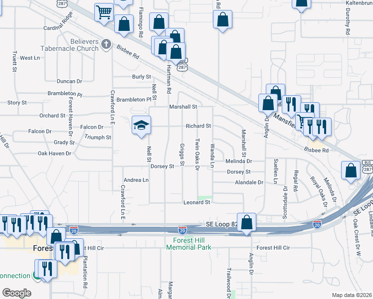 map of restaurants, bars, coffee shops, grocery stores, and more near 6233 Griggs Street in Forest Hill