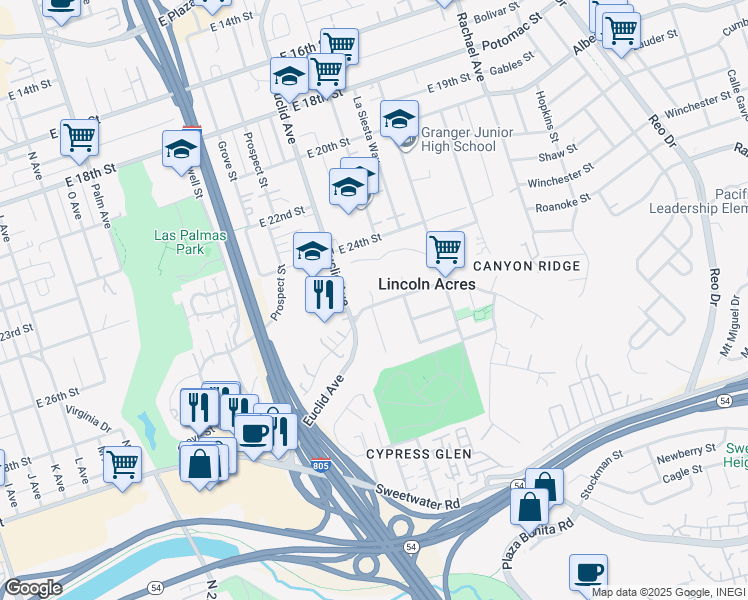 map of restaurants, bars, coffee shops, grocery stores, and more near 2605 Ridgeway Drive in National City