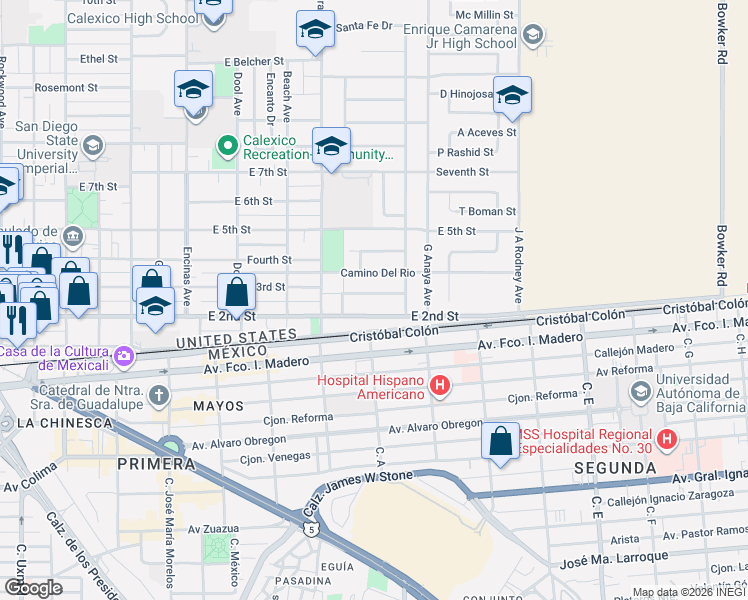 map of restaurants, bars, coffee shops, grocery stores, and more near 1137 East 2nd Street in Calexico