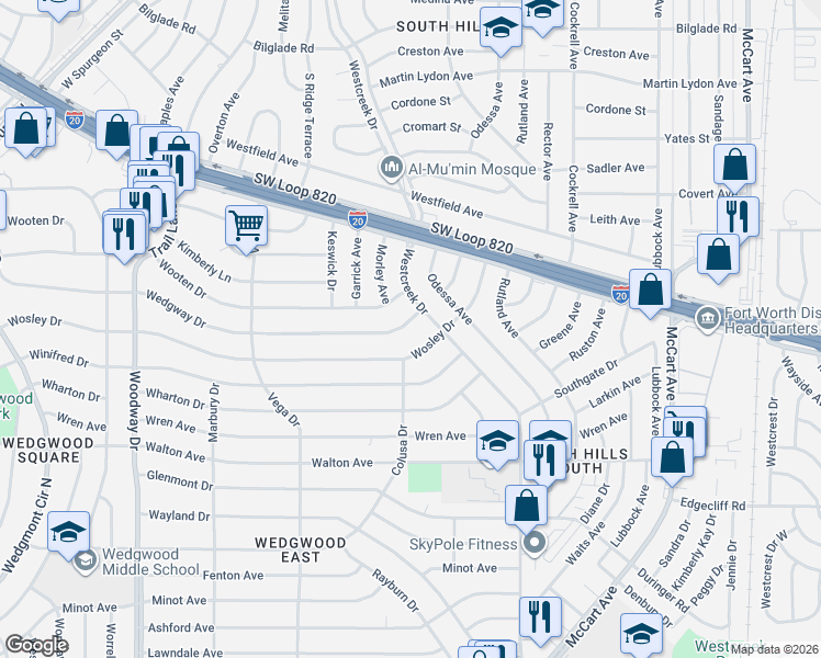 map of restaurants, bars, coffee shops, grocery stores, and more near 3513 Wedgway Drive in Fort Worth