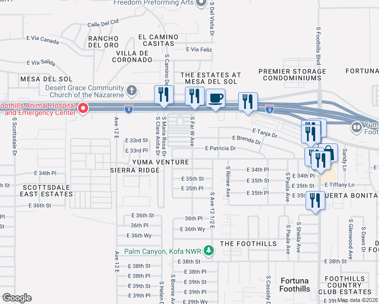 map of restaurants, bars, coffee shops, grocery stores, and more near 12300-12398 E 34th St in Yuma
