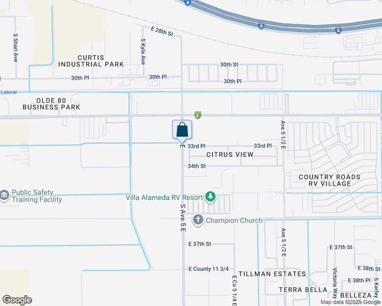 map of restaurants, bars, coffee shops, grocery stores, and more near 5051 33rd Lane in Yuma