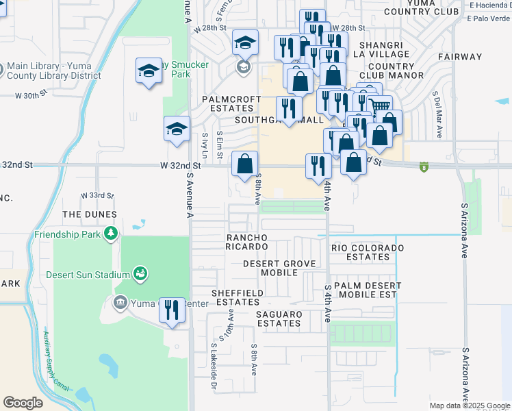 map of restaurants, bars, coffee shops, grocery stores, and more near 3300 South 8th Avenue in Yuma