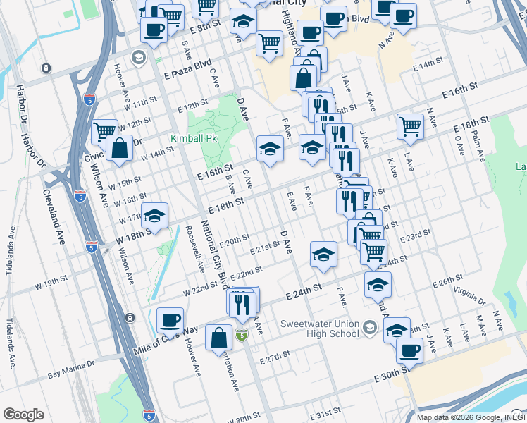 map of restaurants, bars, coffee shops, grocery stores, and more near 1906 C Avenue in National City