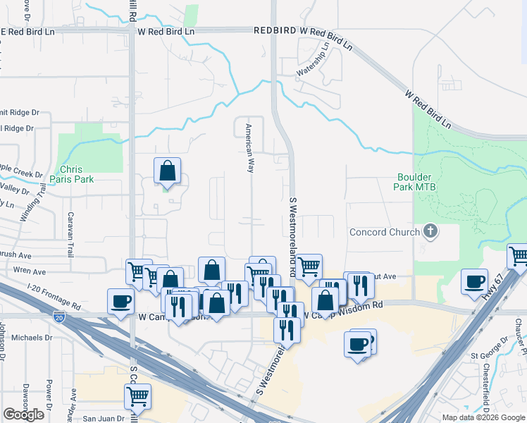 map of restaurants, bars, coffee shops, grocery stores, and more near 6706 American Way in Dallas