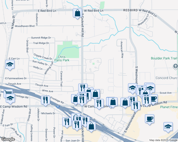 map of restaurants, bars, coffee shops, grocery stores, and more near 6800 South Cockrell Hill Road in Dallas