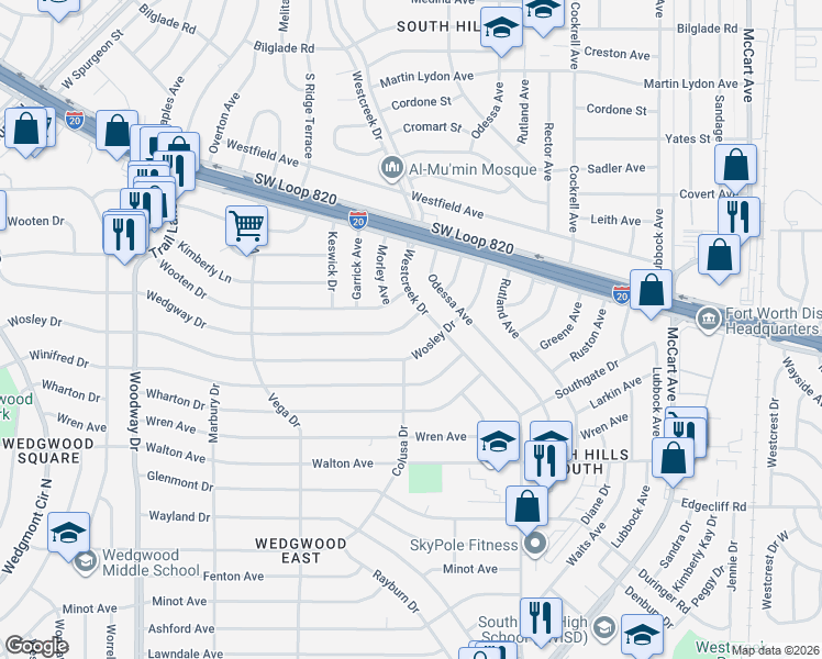 map of restaurants, bars, coffee shops, grocery stores, and more near 3513 Wedgway Drive in Fort Worth