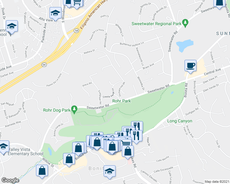 map of restaurants, bars, coffee shops, grocery stores, and more near 4519 Cresta Verde Lane in Bonita