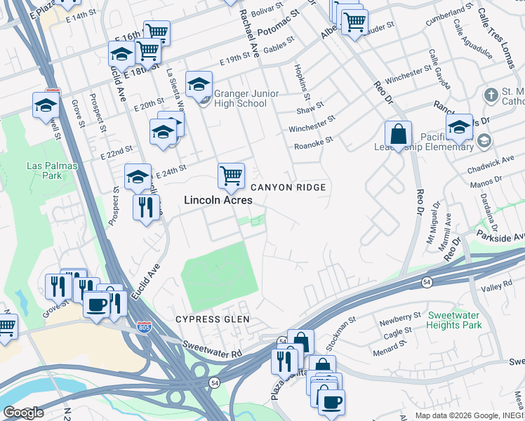 map of restaurants, bars, coffee shops, grocery stores, and more near 3200-2 Alta Drive in National City