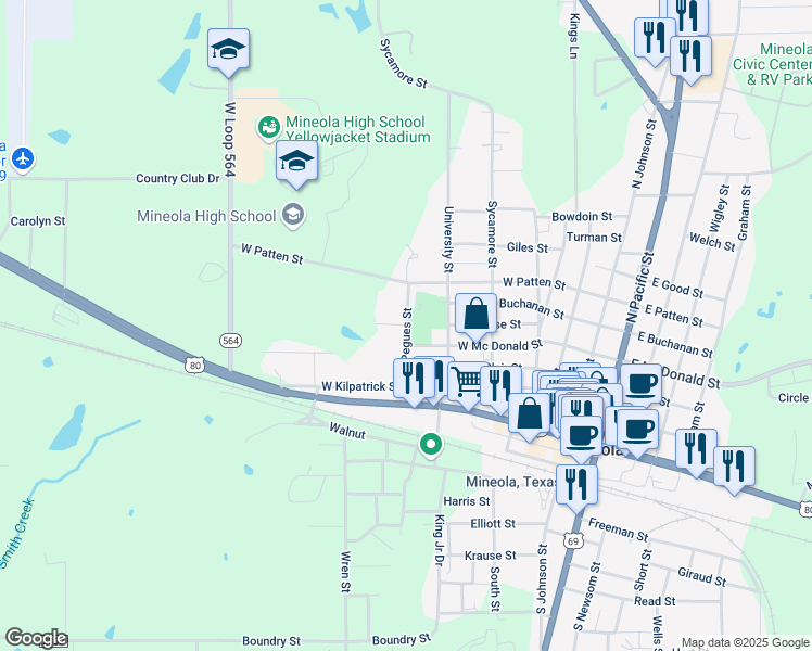 map of restaurants, bars, coffee shops, grocery stores, and more near 499 Pegues Street in Mineola