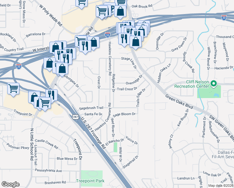 map of restaurants, bars, coffee shops, grocery stores, and more near 4907 Ridgeline Drive in Arlington