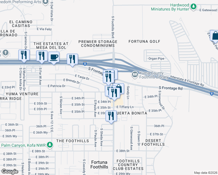 map of restaurants, bars, coffee shops, grocery stores, and more near 11277 South Tanja Drive in Yuma