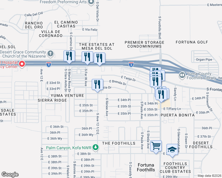 map of restaurants, bars, coffee shops, grocery stores, and more near 12540-12682 East 34th Street in Yuma