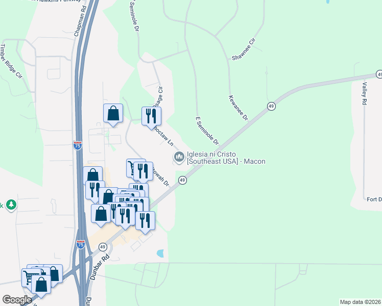 map of restaurants, bars, coffee shops, grocery stores, and more near 34 Choctaw Lane in Byron