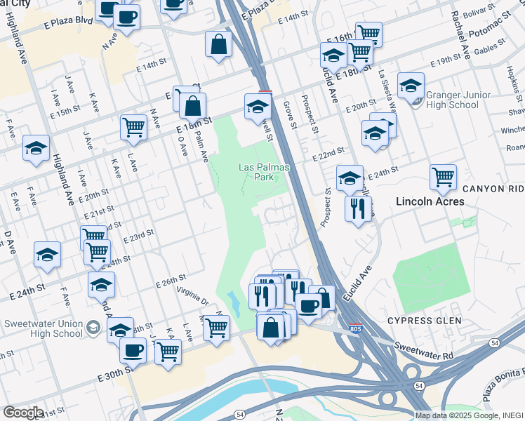 map of restaurants, bars, coffee shops, grocery stores, and more near 1824 Via Las Palmas in National City