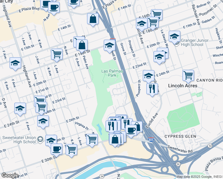 map of restaurants, bars, coffee shops, grocery stores, and more near 1836 Via Las Palmas in National City