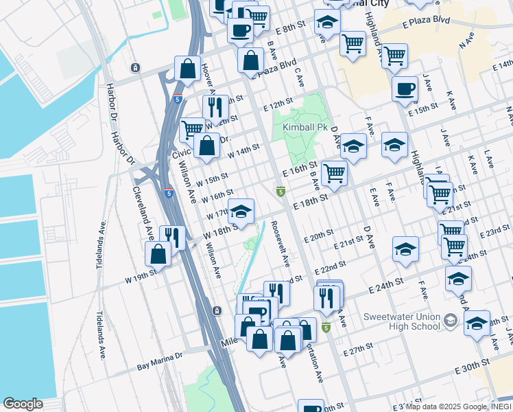 map of restaurants, bars, coffee shops, grocery stores, and more near 105 West 18th Street in National City