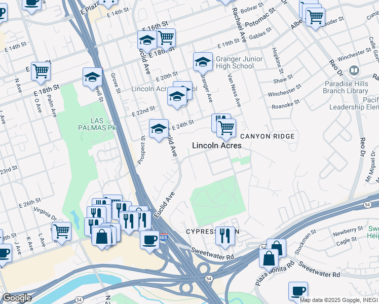 map of restaurants, bars, coffee shops, grocery stores, and more near 2605 Ridgeway Drive in National City