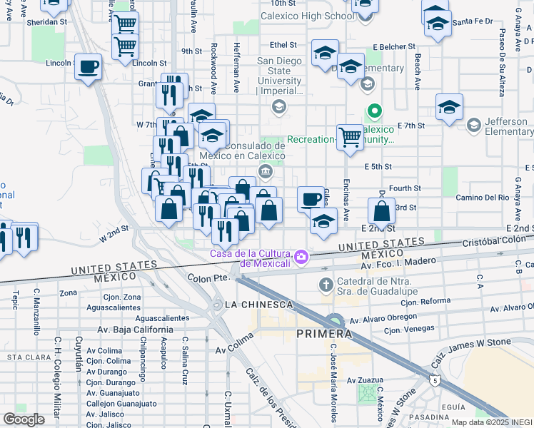 map of restaurants, bars, coffee shops, grocery stores, and more near 423 East 2nd Street in Calexico